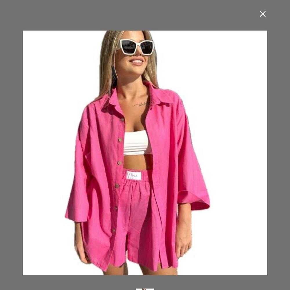 Pink Linen Button-Up Shirt and Shorts Set